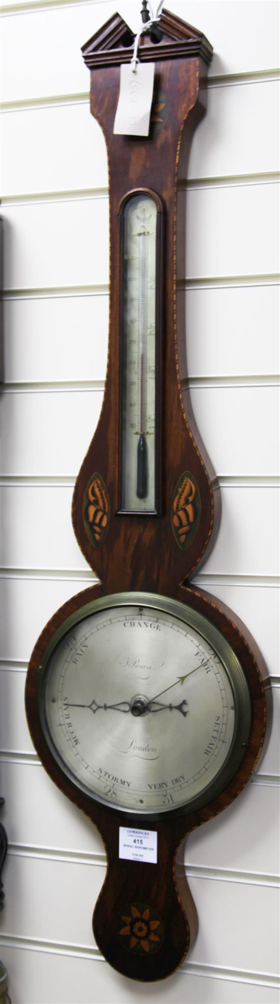 A George III inlaid mahogany wheel barometer, 3ft 3in.